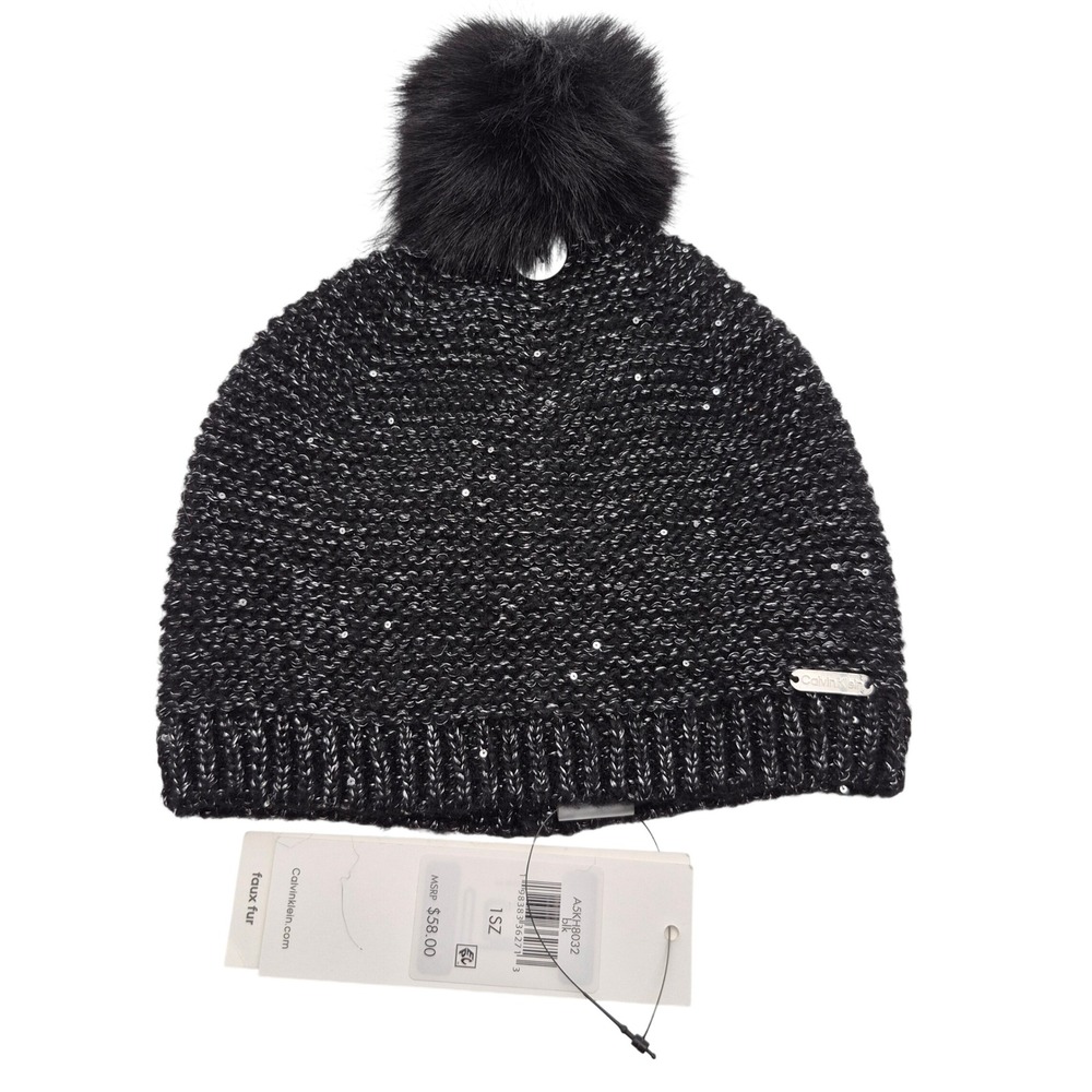 Calvin Klein Mini Sequin Faux Fur Pom Beanie Hat Black One Size Fits Most
